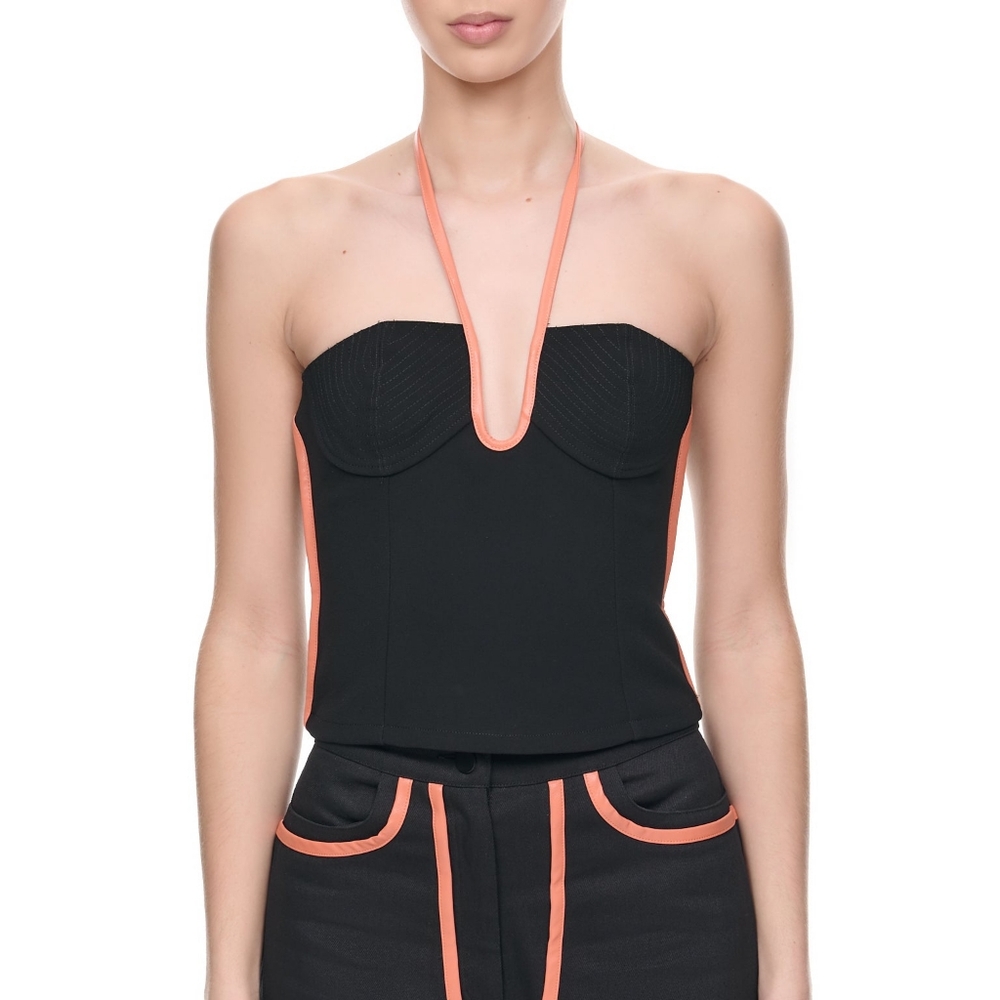NWT Paris Georgia "Nassia" Singlet Black W/ Coral Trimmings Halter Top - Medium
